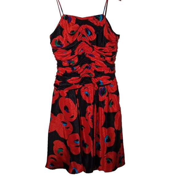 Apostrophe Dresses & Skirts - Vintage 1980s Party Dress Apostrophe 13/14 Red Black Floral Satin Sleeveless